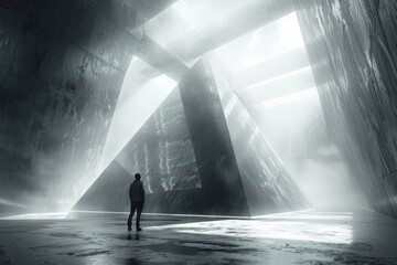 A lone person stands contemplating within a vast, abstract construction with beams of light piercing through - 784580745