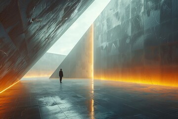 A single figure is dwarfed by the immense scale of a space, divided by a singular, glowing architectural line - obrazy, fototapety, plakaty