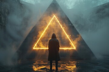 Amidst a foggy ambiance, a figure is fixated on a bright, glowing triangle, evoking mystery and discovery - 784580794