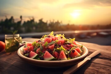 Plate of fresh watermelon salad on wooden table