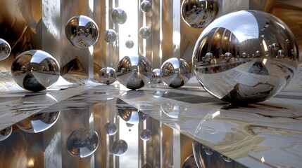 3D abstract art of metallic spheres floating over a mirrored floor