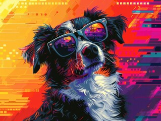 Digitally Illustrated Canine Sporting Stylish Sunglasses Against Vibrant Technological Backdrop