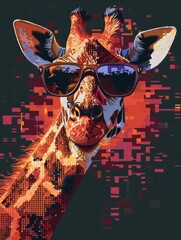 Giraffe in Vibrant Pixel Art Sunglasses with Abstract Data Background