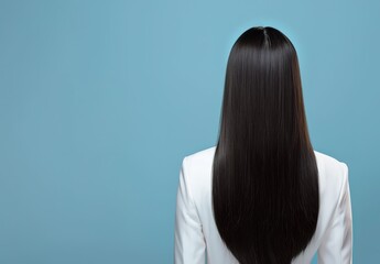 Elegance in simplicity: long silky brown hair on a bright blue background - obrazy, fototapety, plakaty
