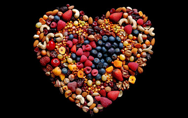 An array of fruits, vegetables, and nuts are meticulously arranged into the shape of a heart on a clean white background. The left side of the heart is composed of red fruits: cherries, strawberries