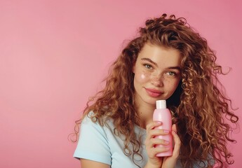 Embracing natural beauty: curly man holding pink bottle of hair care product