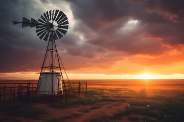 Windmill in the field at sunset