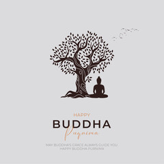 Happy Buddha purnima Post and Greeting Card Design. Minimal and Modern buddha purnima and Vesak Banner with Buddha and Text Vector Illustration