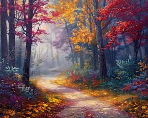 Magical forest path with multicolored autumn leaves