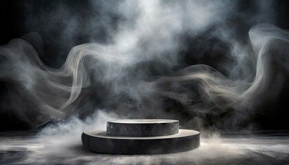 a product platform abstract stage texture fog and spotlight  with an empty podium a backdrop of swirling black smoke smoke from a smoke