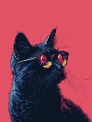 Futuristic Black Cat Wearing Sunglasses Against Vibrant Red Digital Background