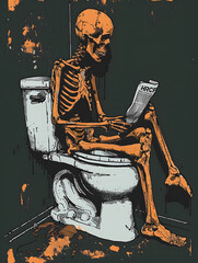 An artist is sitting on a toilet, sketching in a book
