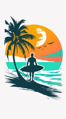 surfers Club logo in retro style. the image of a surfer and palm tree in sunset