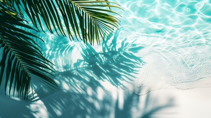 Fototapeta na wymiar Top view of water surface with tropical leaf shadow. Shadow of palm leaves on white sand beach. Beautiful abstract background concept banner for summer vacation at the beach