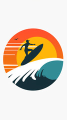 surfers Club logo. Poster about surfing in the retro style of pop art. the image of a surfer riding a big wave in sunset