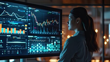 A businesswoman in front of a large monitor displaying market data