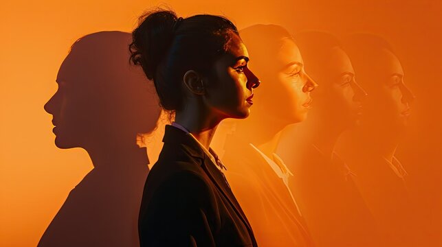 A creative image of a businesswoman with multiple shadows symbolizing her multifaceted roles