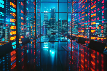 Financial data with currency exchange rates overlay modern business office. Background, wallpaper, backdrop