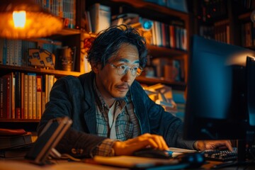 Fototapeta premium Middle-aged asian programmer using computer at home office, exploring blockchain coding and smart contracts, engaged in late night work session