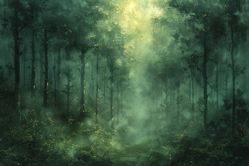 Enchanted Night Forest Triptych: A Mesmerizing Oil Painting of Emerald Trees - obrazy, fototapety, plakaty