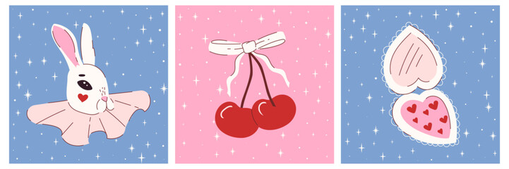 Cute vintage postcard with simple naive illustrations, bunny, powder, cherries with bow. Background with stars. Vector design.