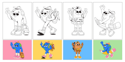 Pictures for children's coloring pages on the theme of school with examples of how to color correctly. Cute retro groovy characters. Globe, planet earth, backpack.