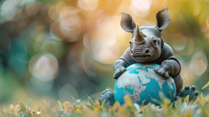 A whimsical image of a small rhinoceros figurine embracing a model of planet Earth - Powered by Adobe