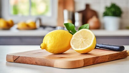 A selection of fresh fruit: lemons, sitting on a chopping board against blurred kitchen background;...