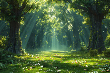 Obraz premium Enchanting Autumn Forest Scene: Emerald Trees and Detailed Ornaments