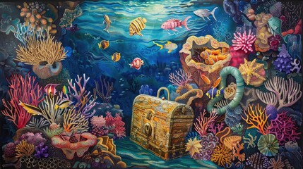 The treasure chest is nestled among colorful coral reefs and surrounded by various sea creatures.