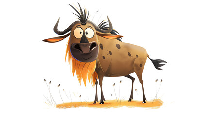 a Wildebeests during migration, complete with a cute,The scene is set against a pure white background, emphasizing the character dynamic pose and the delightful expression of determination on its face