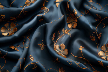 Elegance Unfolded: Black Luxury Cloth with Golden Floral Embroidery