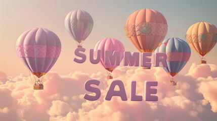 Summer Sale Banner with Colorful Hot Air Balloons in Sky