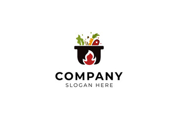 Home kitchen logo with pot full of healthy vegetables and vitamins. Vector icon.