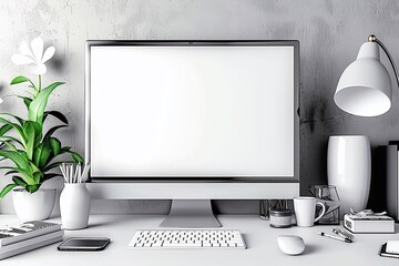 3D render blank monitor screen with modern workplace with comfortable modern desk.