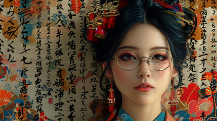 Against a backdrop of traditional calligraphy, an Oiran girl dons glasses, her portrait a blend of classic charm and academic sophistication