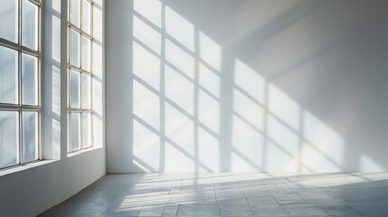 A bare window frame letting in a flood of natural light, casting geometric patterns on an otherwise empty floor, a celebration of light and space.
