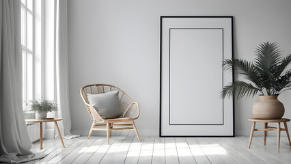 interior poster mock-up with vertical frame on the floor in scandinavian home interior 3d render