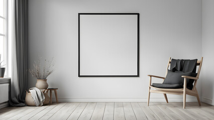 interior poster mock-up with vertical frame on the floor in scandinavian home interior 3d render