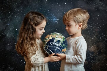 Naklejka premium two children holding an earth globe in their hands concept of global awareness