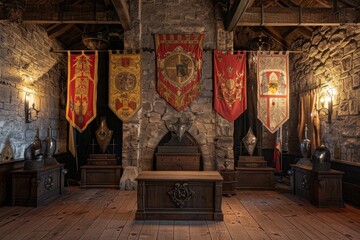 A medieval knights hall podium with armor and banners for fantasy and historical merchandise - obrazy, fototapety, plakaty