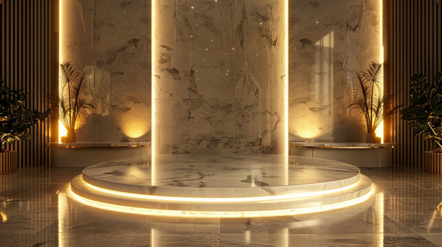 Luxurious marble podium surrounded by soft, ambient lighting, perfect for showcasing premium products