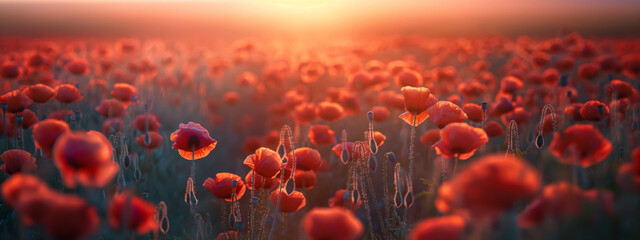 Beautiful calming sunset with blooming red poppies on the sea coast, background banner. - obrazy, fototapety, plakaty