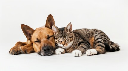 cat and dog lying on white background