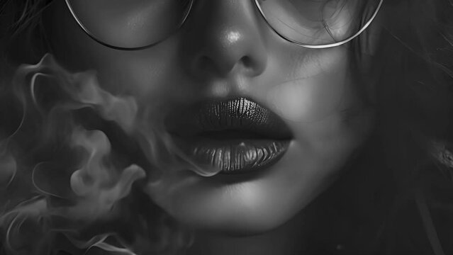 Sensual woman smoking a cigarette. Fashion art portrait of beauty model woman with smoke. Smoking girl, Close up of a female inhaling from an electronic cigarette. Night life concept. Black and white 