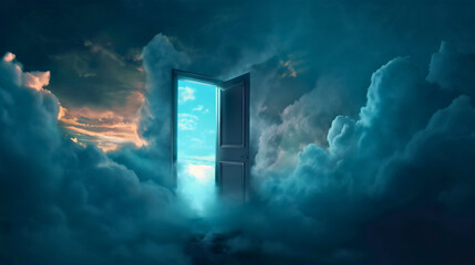 Light glowing from an open door in the clouds on the sky, dreamy illustration. Gateway opportunity for success, surreal fantasy imagination portal transition, enter heavenly mystery