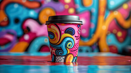 A dynamic coffee cup design bursts with graffiti-inspired typography amidst a kaleidoscope of...