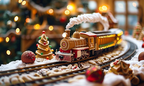 Festive gingerbread steam train with Christmas decorations and lights on snowy railroad tracks, winter holiday treat