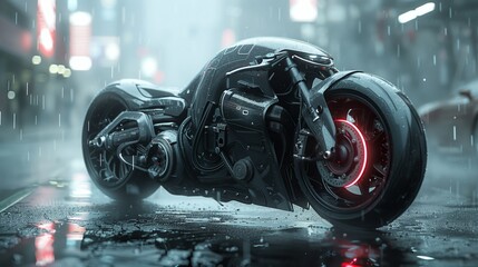 Futuristic motorcycle parked in rain on wet street
