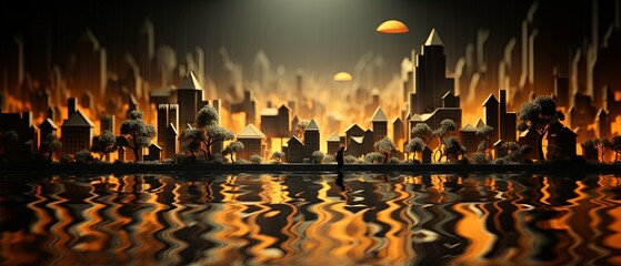 Minimalist 3D render of heavy rainfall flooding a town, paper-cut style, climate change depiction, super blurred backdrop,